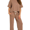Zenana Raised Rib Short Sleeve Tee & Pants Set - BROWN