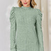 Basic Bae Full Size Ribbed Mock Neck Puff Sleeve T-Shirt - Light Green