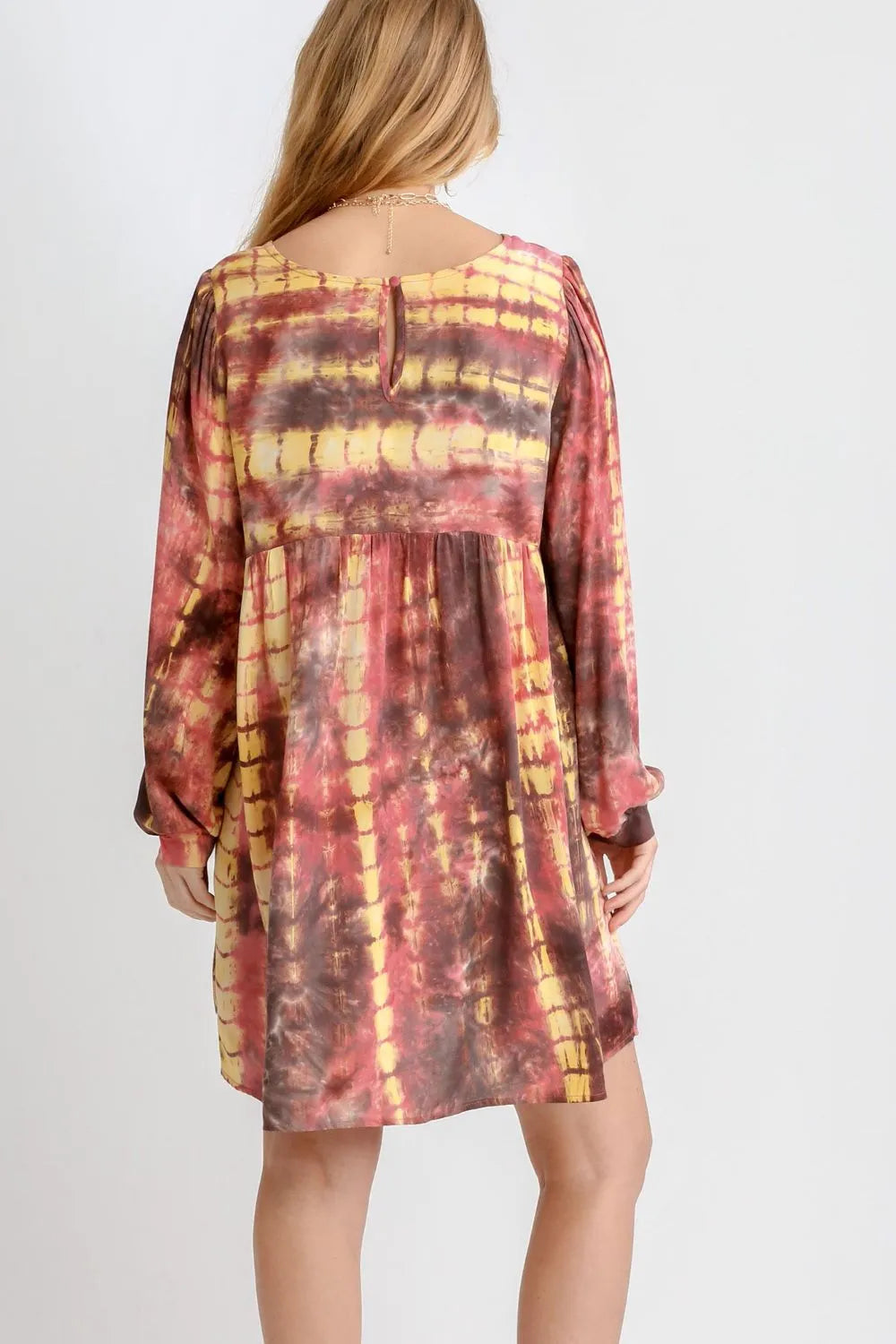 Umgee Full Size Tie Dye Long Sleeve Babydoll Dress with Keyhole Plus Size - Farnelli