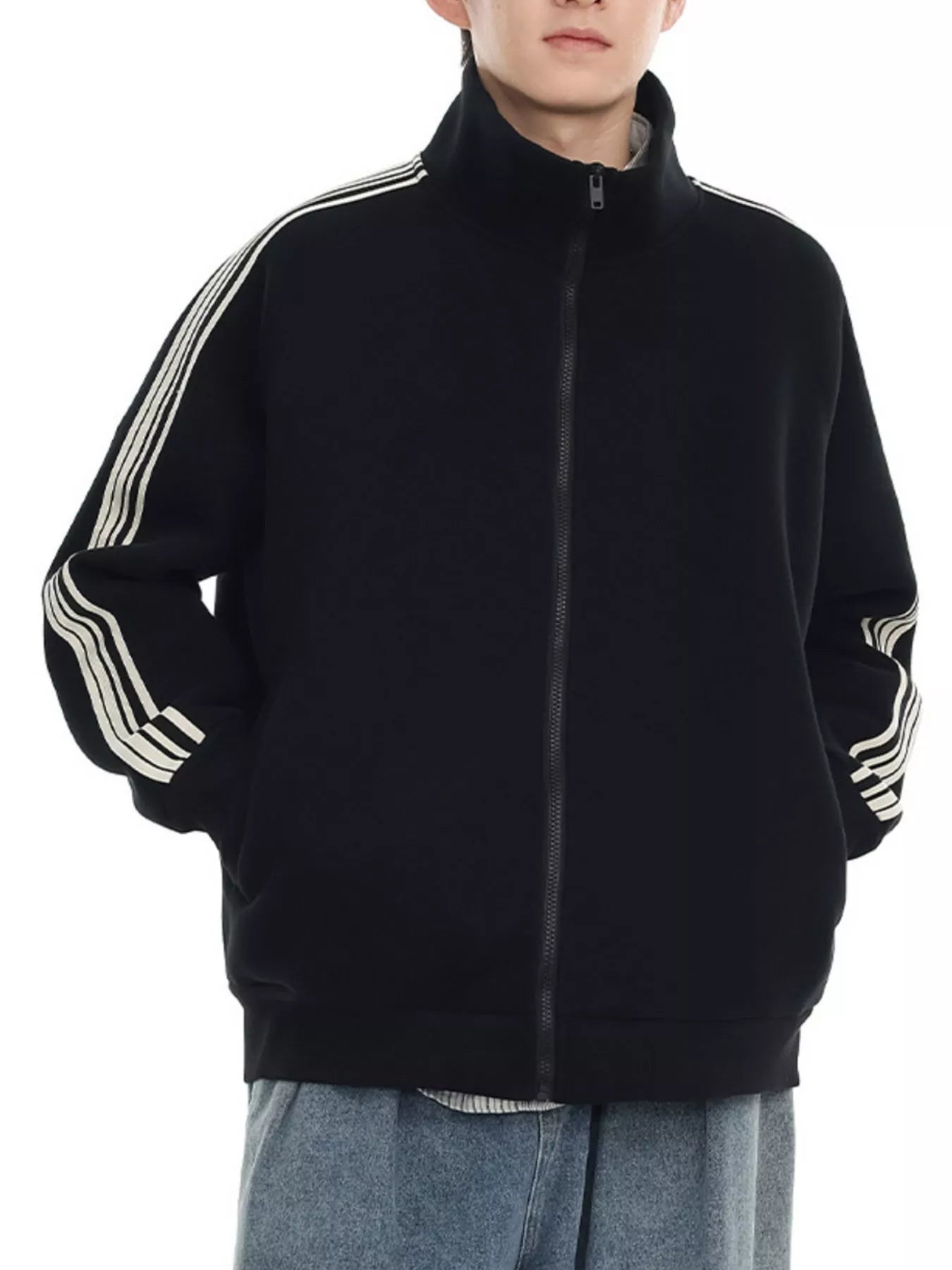Men's Plus Size Striped Sleeve Zip-Up Sweatshirt - Farnelli