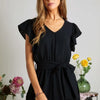 ADORA Ruffle Sleeves Romper with Pockets - BLACK