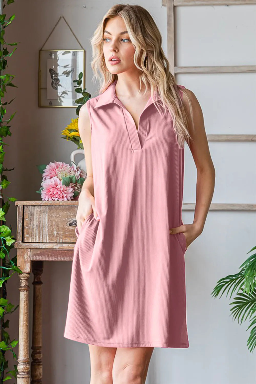 Heimish Full Size Ribbed Johnny Collar Sleeveless Dress - Farnelli