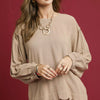 Umgee Linen Scallop Hem Long Sleeve Blouse - LATTE