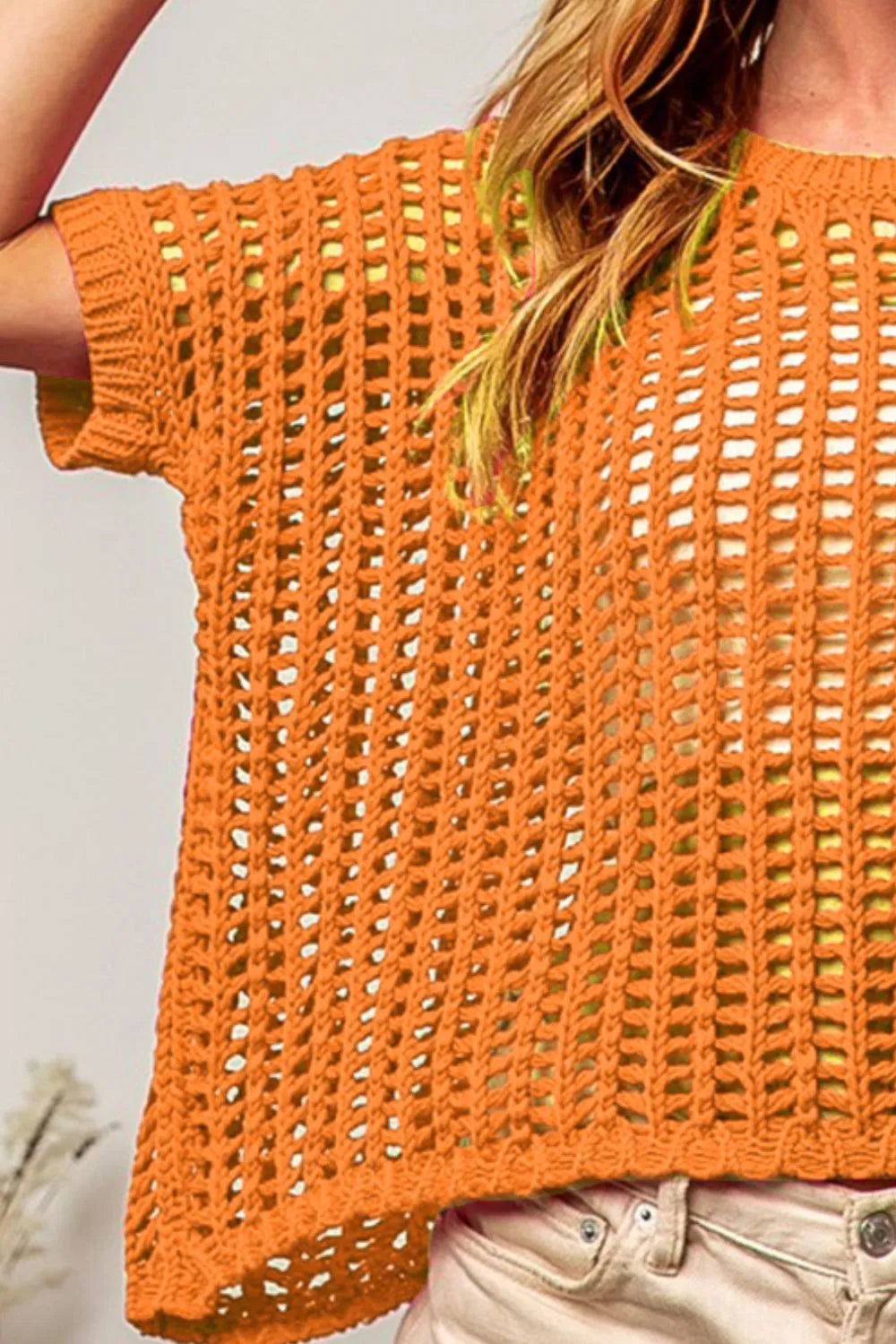 BiBi Hollowed Out Short Sleeve Knit Cover Up - Farnelli