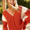POL Cable Knit Quilting Patch V-Neck Contrast Sweater - Orange