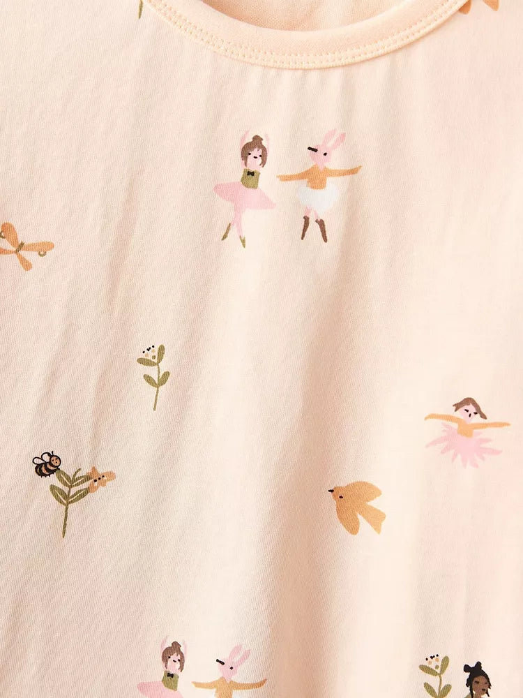 Children's Ballerina Print Round Neck Top and Pants Pajama Set - Farnelli