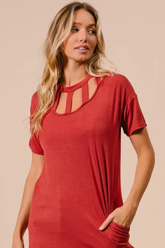 BiBi Front Cutout Mini Tee Dress with Pockets - Farnelli
