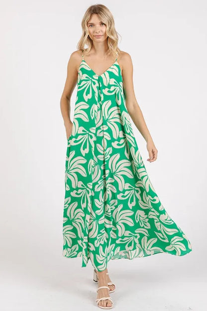Mittoshop Printed V-Neck Maxi Cami Dress with Pockets - Farnelli