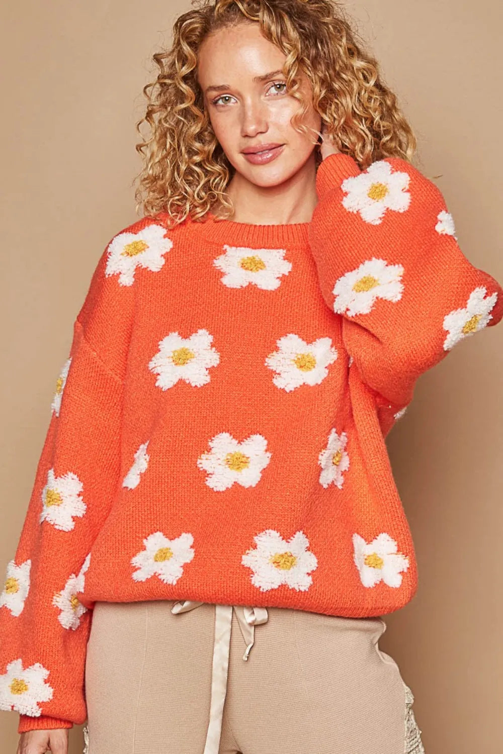 POL Daisy Pattern Drop Shoulder Sweater - Farnelli
