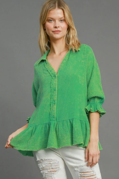 Umgee Full Size Mineral Washed Cotton Gauze Top Plus Size - Farnelli