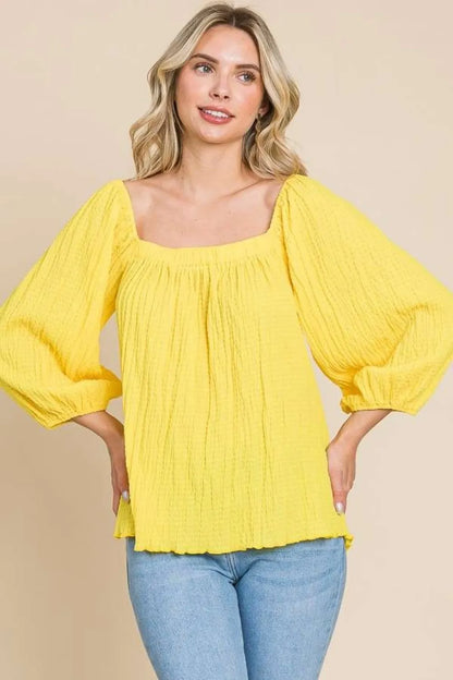 Culture Code Texture Square Neck Puff Sleeve Top - Farnelli