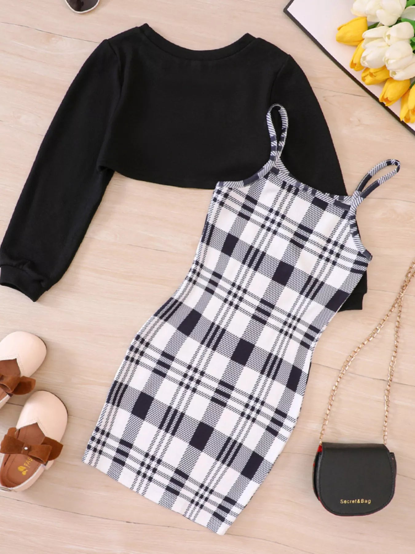 Children's Plaid Print Long Sleeve Dress Set - Farnelli
