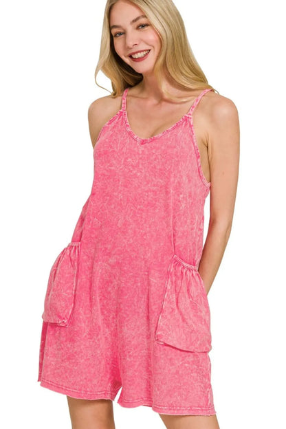 Zenana Acid Crinkle Washed Spaghetti Strap Romper - Farnelli