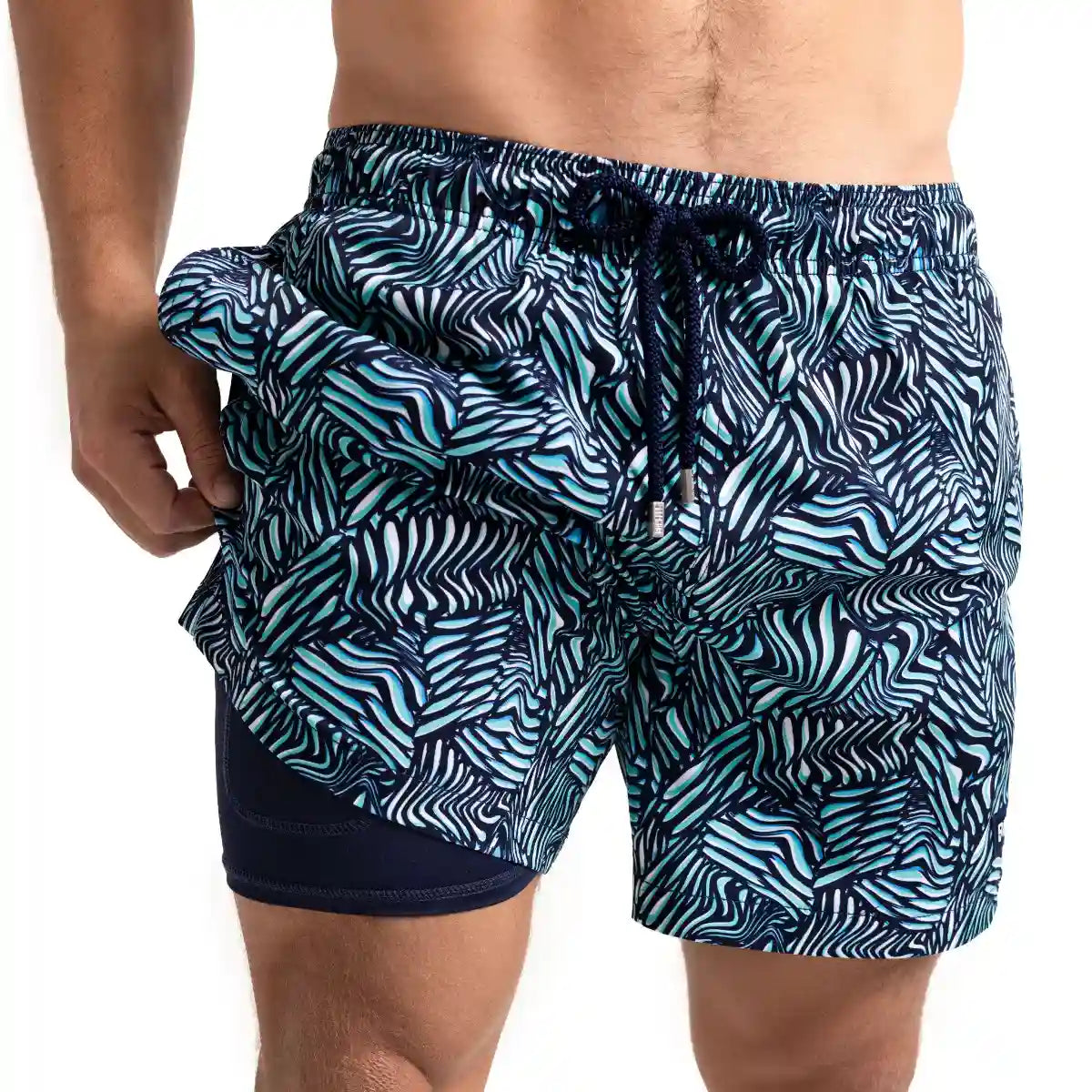 Capelle Miami Beta Blue hybrid swim trunks with printed design, featuring compression lining, front detail, suitable for swimming and resort wear.