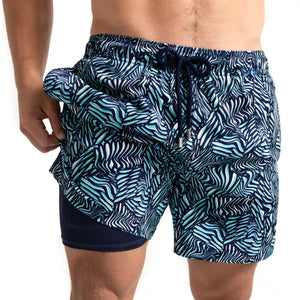 Capelle Miami Beta Blue hybrid swim trunks with printed design, featuring compression lining, front detail, suitable for swimming and resort wear.