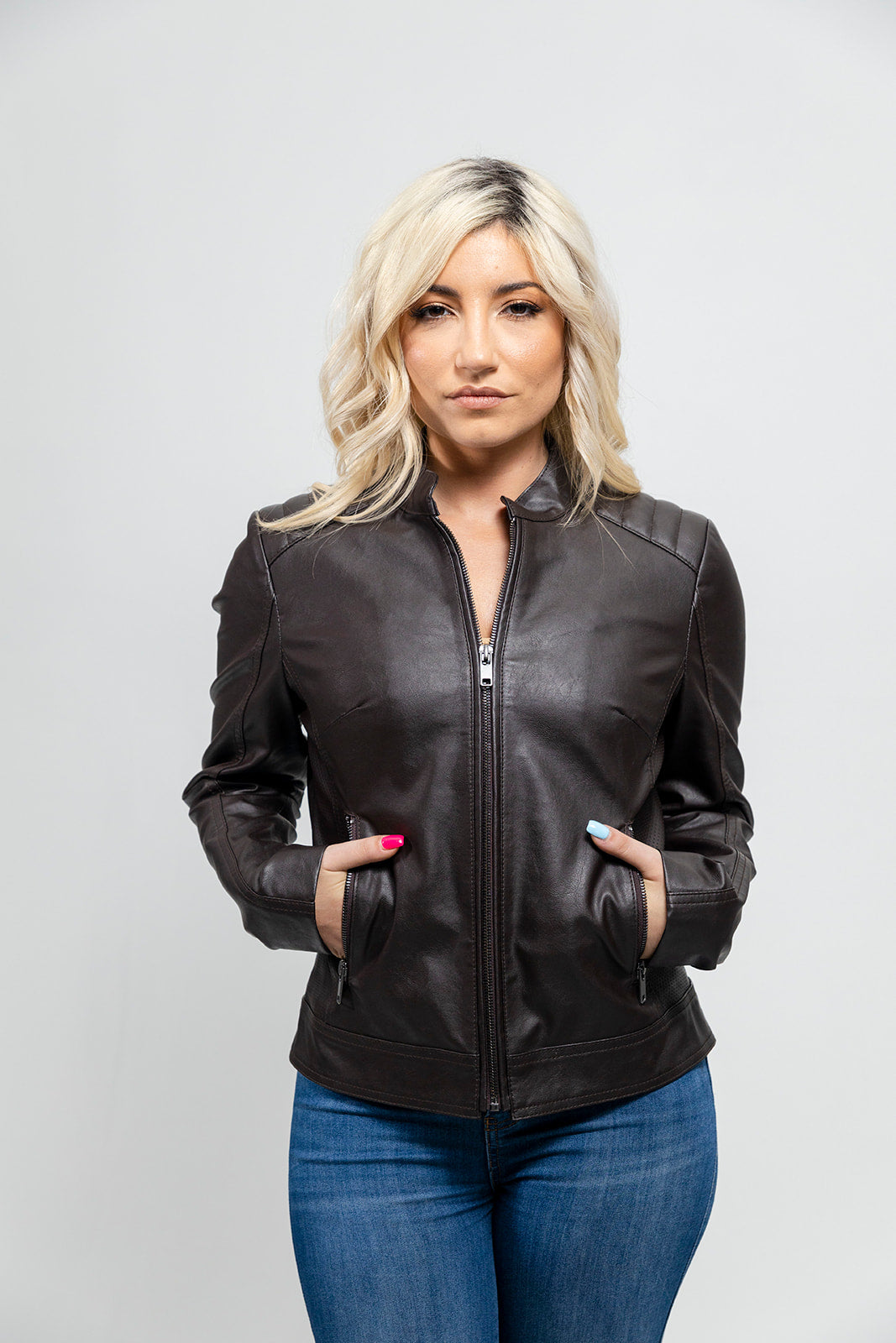 Beverly women's perforated vegan faux leather scooter jacket by Whet Blu NYC, closed view
