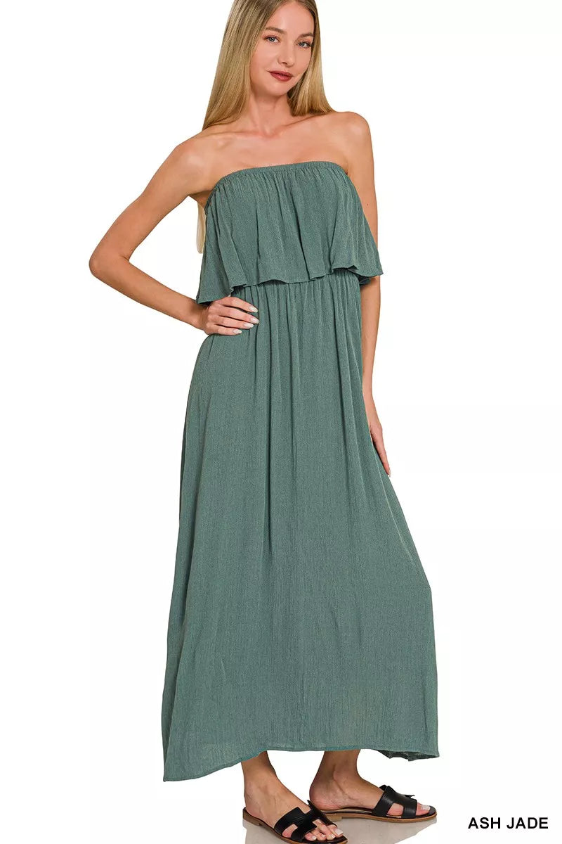 Zenana Woven Crinkle Strapless Maxi Dress - Farnelli