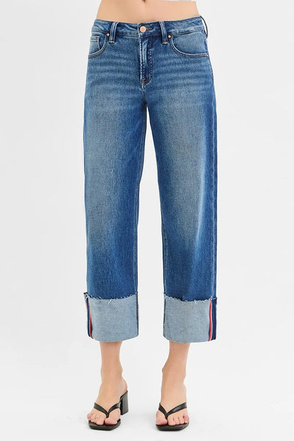 RISEN Full Size Tummy Control Mid Rise Crop Wide Cuffed Jeans Plus Size - Farnelli