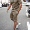 Men's Plus Size Round Neck Short Sleeve Top and Shorts Set - Khaki