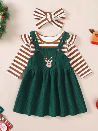 Children's Christmas Bodysuit and Overall Dress Set with Headband - Farnelli
