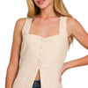 Zenana Linen Tie-back 4-button Vest with Lining - SAND BEIGE