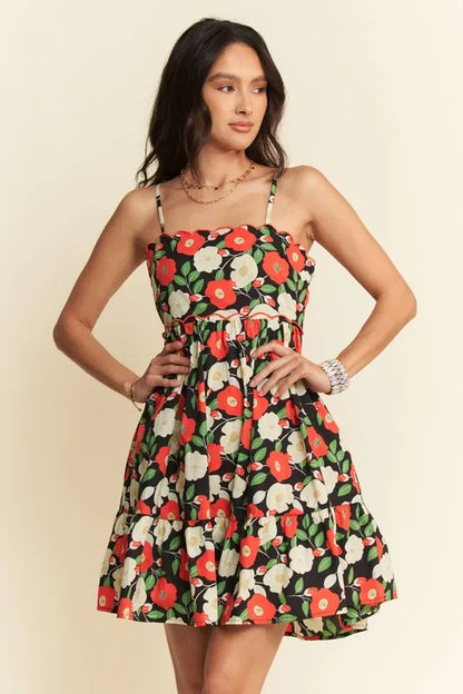 Davi & Dani Floral Scalloped Cutout Back Mini Dress - Farnelli