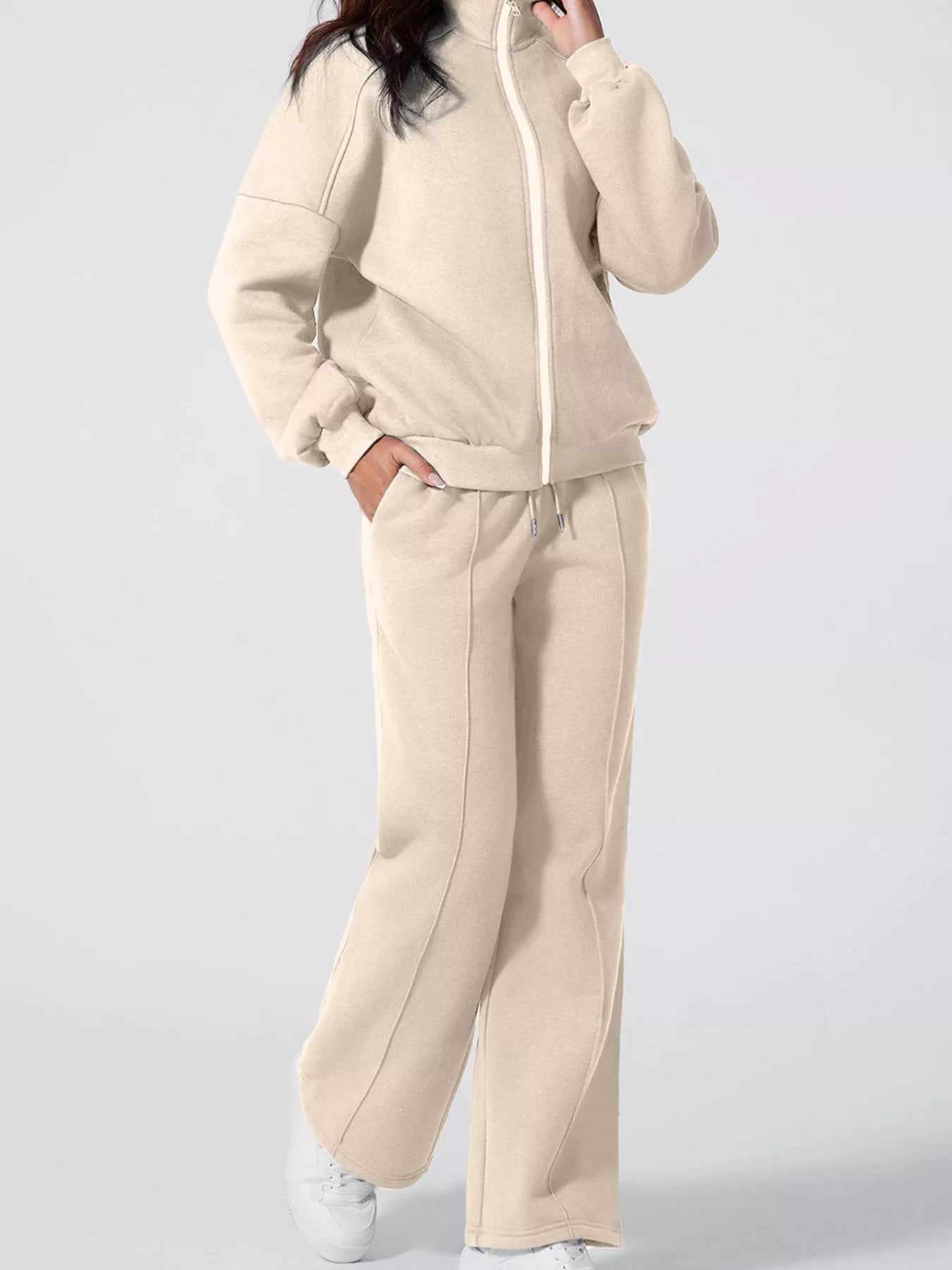 Drop Shoulder Zip Up Jacket and Drawstring Pants Active 2pcs Set - Farnelli