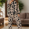 Button Up Long Sleeve Top and Pants Lounge Set - Leopard