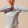 SO ME Textued Floral Knit Top with Contrast Cuffs - DUSTY BLUE/IVORY