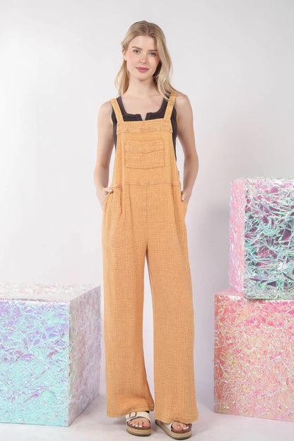 VERY J Texture Washed Wide Leg Overalls - Farnelli