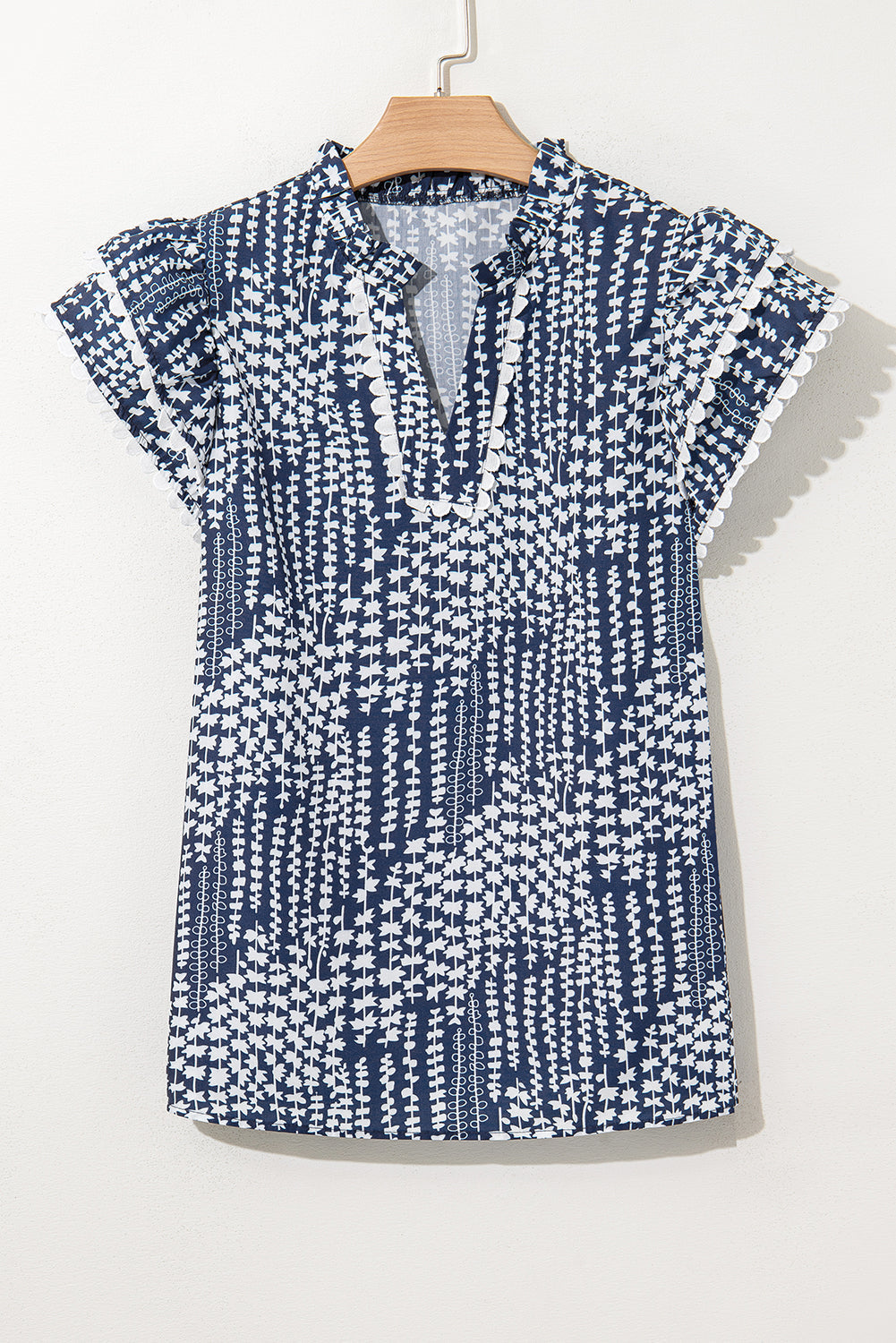 Cynthia Ric Rac Trim Flutter Sleeve Notch V Neck Blouse - Farnelli