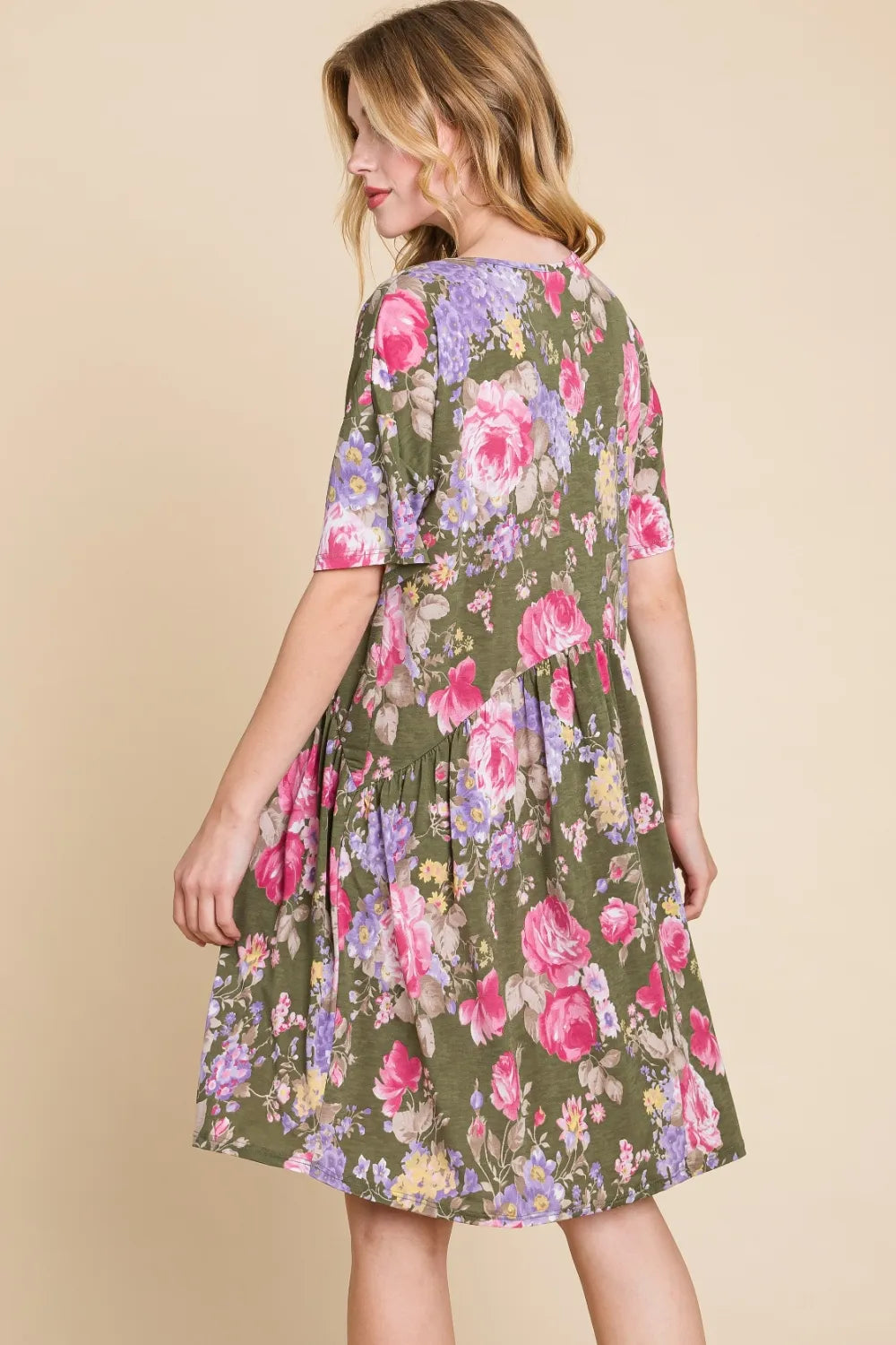 BOMBOM Flower Print V-Neck Ruched Dress - Farnelli