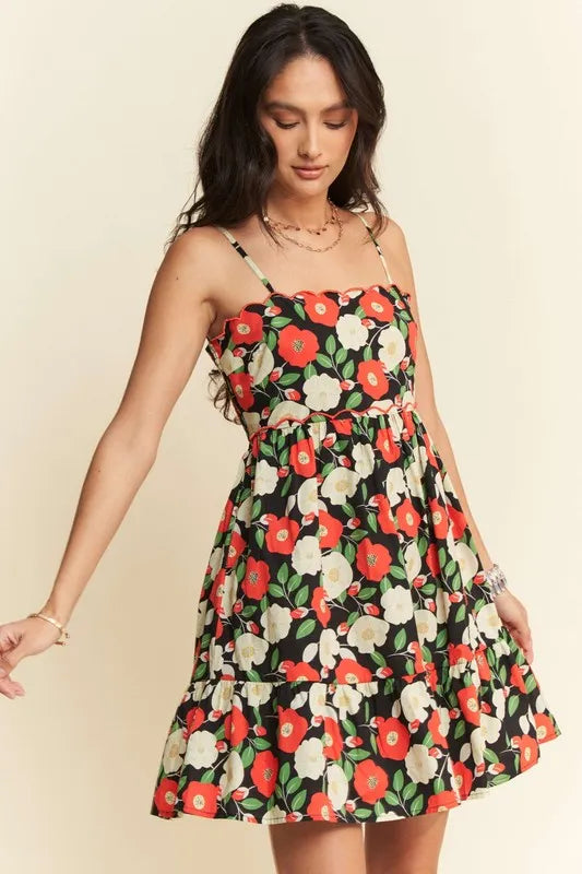 Davi & Dani Floral Scalloped Cutout Back Mini Dress - Farnelli