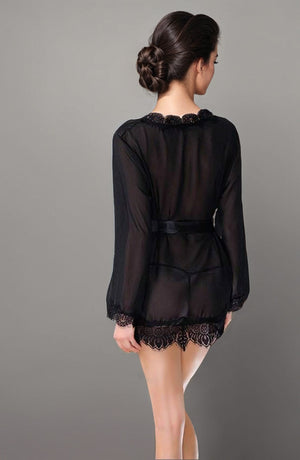 Sheer lace trim robe from 3wishes.com featuring delicate lace details and lightweight, flowing fabric for elegant lingerie wear.