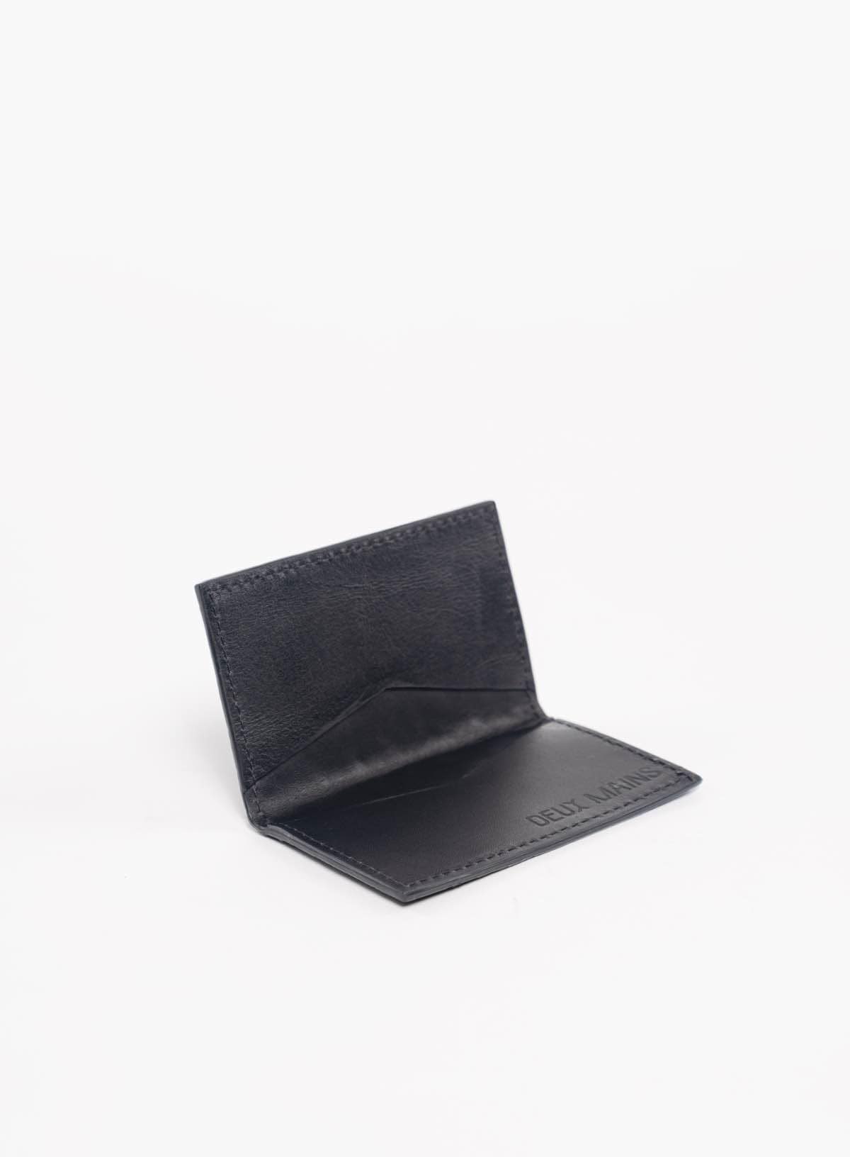 Deux Mains woven card holder wallet in black, interior view with card slots