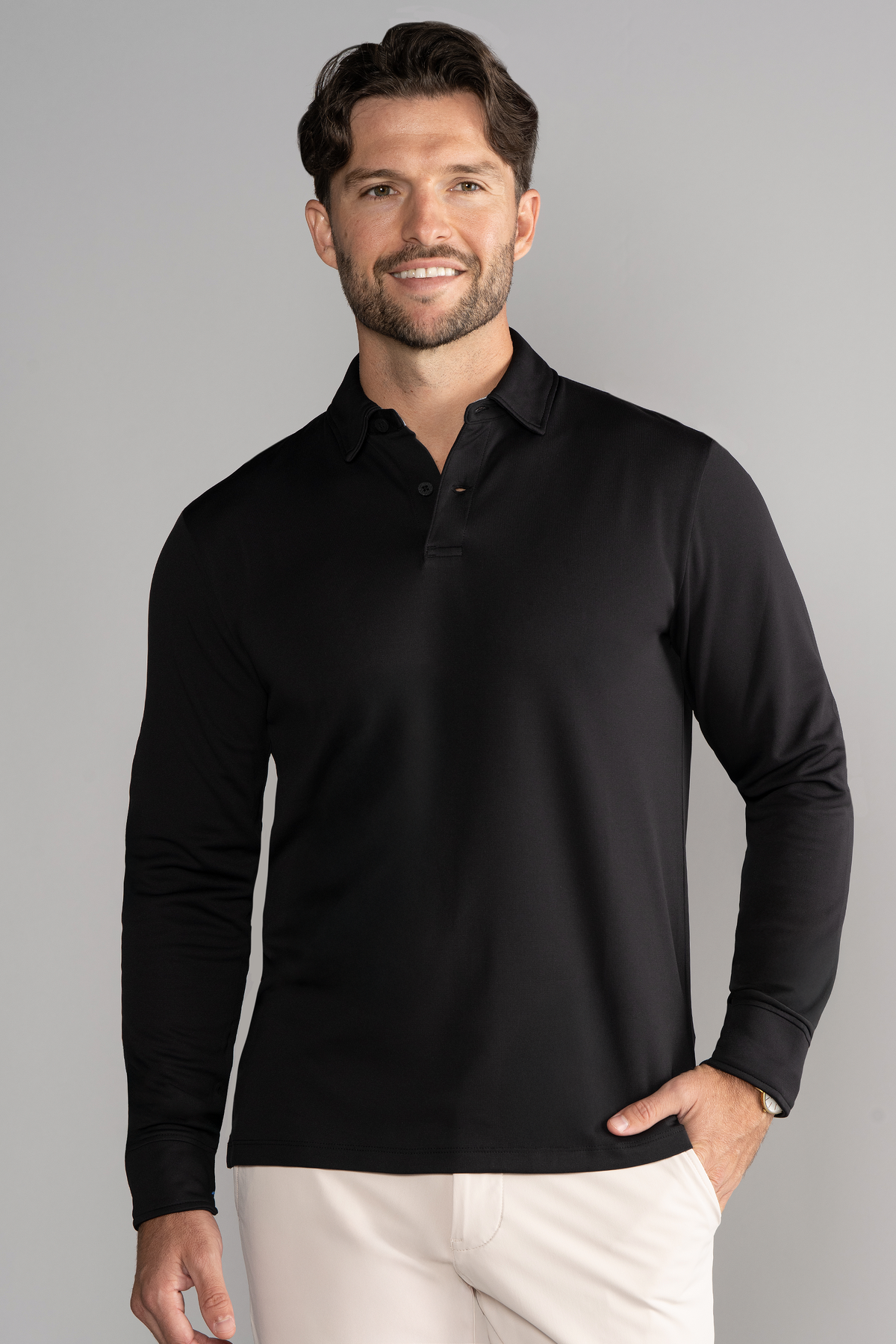 Black Twillory AthlPoloLS long sleeve solid polo shirt for men, featuring a classic fit and comfortable fabric.