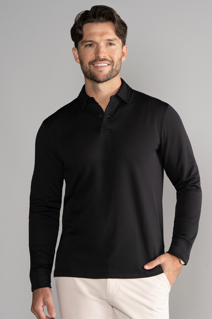 Black Twillory AthlPoloLS long sleeve solid polo shirt for men, featuring a classic fit and comfortable fabric.