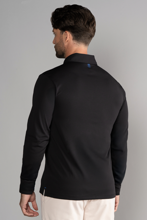 Black AthlPoloLS long sleeve polo shirt by Twillory with a solid color, shown on a mannequin.