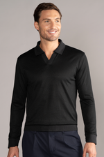 Black long sleeve sweater polo by Twillory, showcasing a classic fit and solid color design.