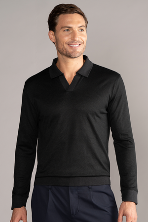Black long sleeve sweater polo by Twillory, showcasing a classic fit and solid color design.