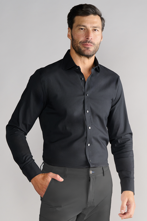 Black Twillory Leader Non-Iron Solid shirt displayed flat with collar and buttons, showcasing its smooth fabric and tailored fit.