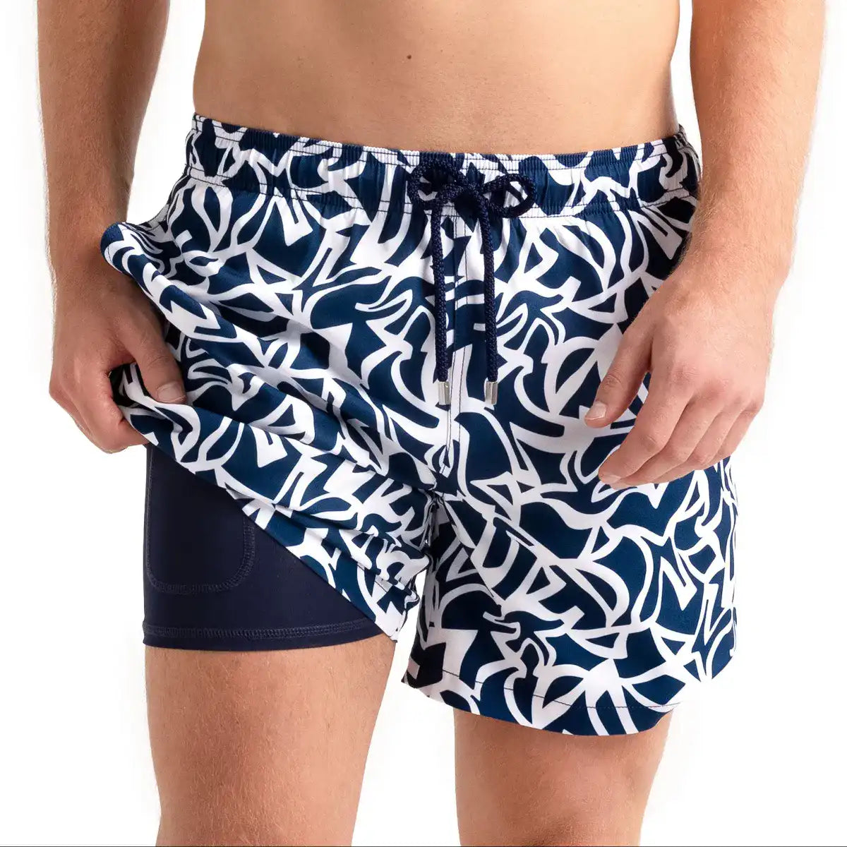 Blue Capelle Miami Freedom Hybrid swim trunks with compression lining and printed design, front view showing stylish fit.