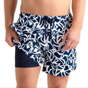 Blue Capelle Miami Freedom Hybrid swim trunks with compression lining and printed design, front view showing stylish fit.