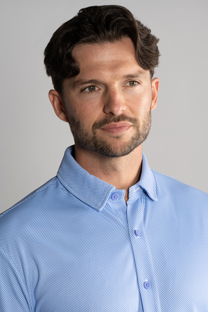 Blue Twillory Long Sleeve Button Down Polo with dot pattern, stylish athletic polo shirt for a polished casual look.