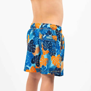 Boys Blue Jungle Boys Hybrid Swim Trunk by Capelle Miami featuring a blue jungle print and comfortable fit for swimming and play