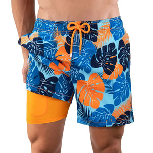 Blue Jungle Hybrid swim trunks with compression lining by Capelle Miami, featuring vibrant jungle print and classic fit.
