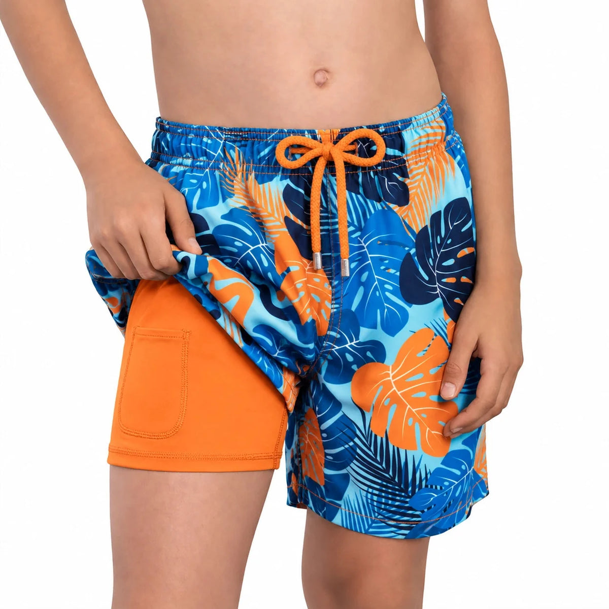 Boys' Blue Jungle Boys Hybrid Short by Capelle Miami, swim and play trunk with jungle print and adjustable waistband.