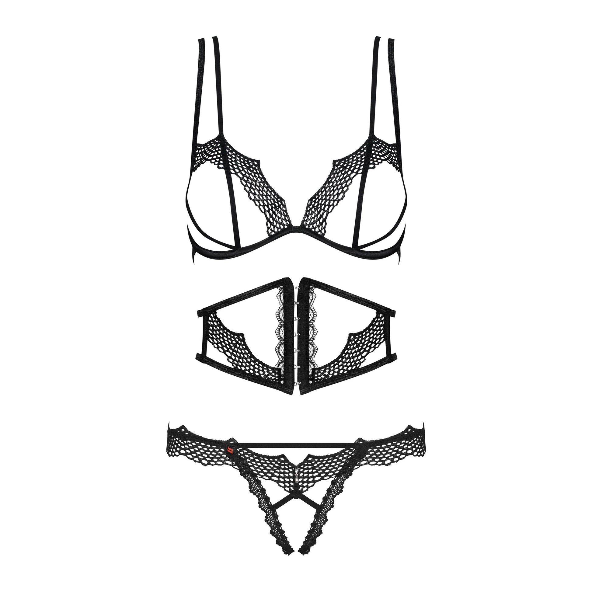 Obsessive Bravelle Open Cup Crotchless String 3 Piece Lingerie Set-2