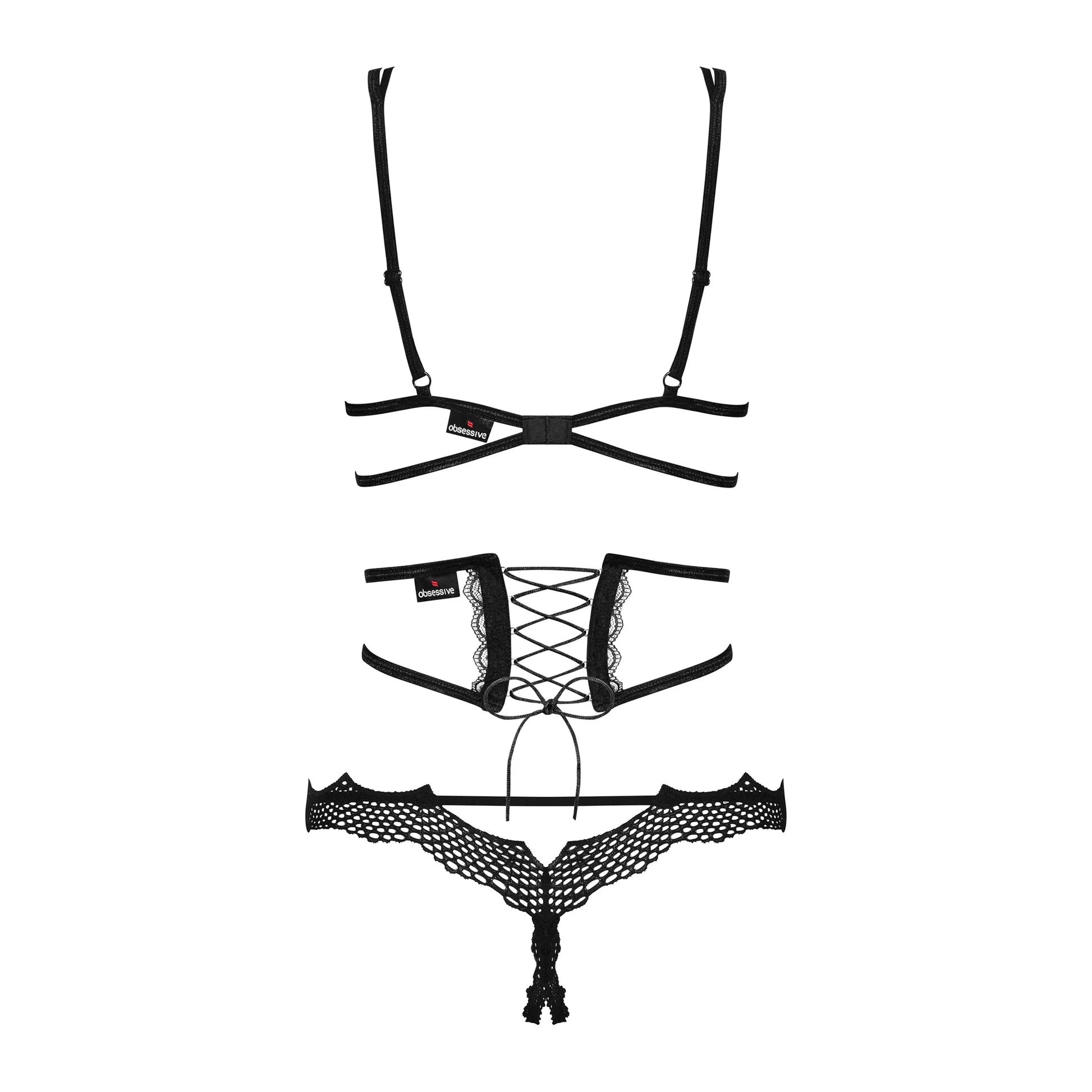 Obsessive Bravelle Open Cup Crotchless String 3 Piece Lingerie Set-3