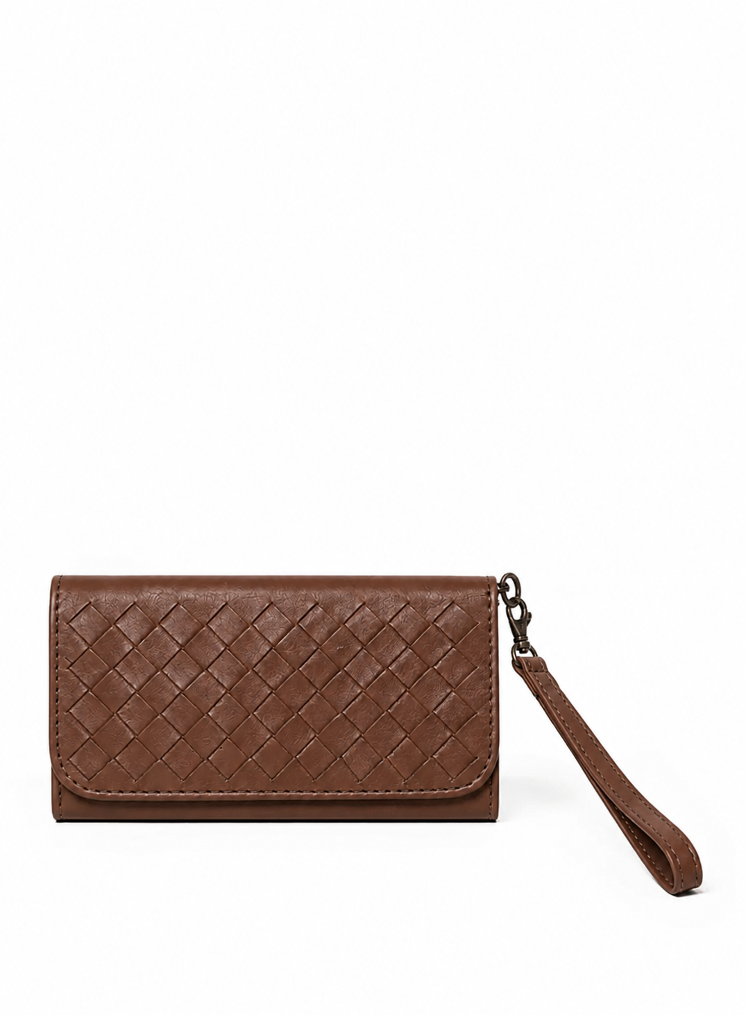 Deux Mains woven brown wristlet wallet, front view